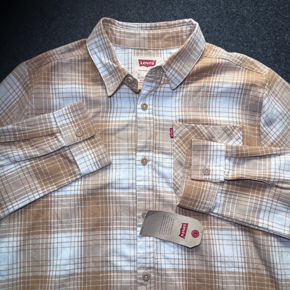 Levi's Plaid Flannel Shirt Kids XL Size 14-16 Tan NEW Long Sleeve Button Down